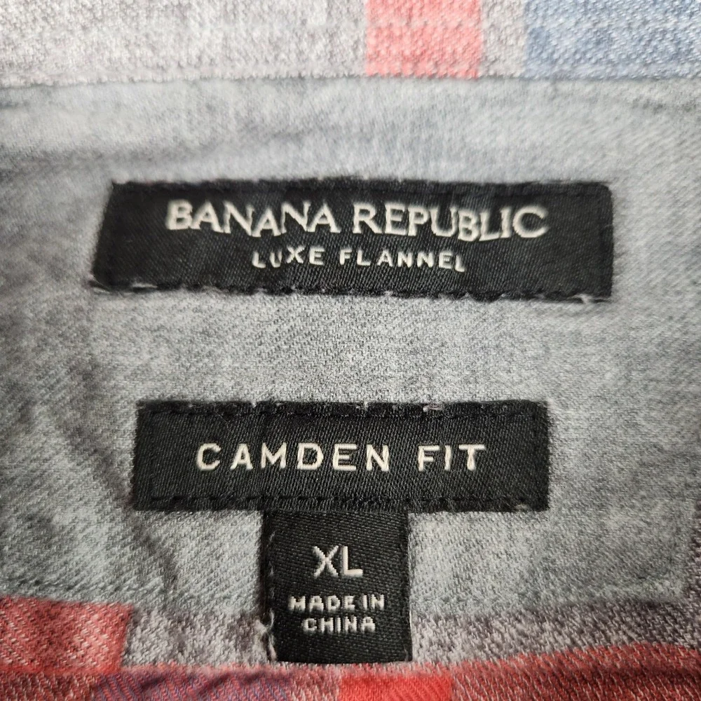 Banana Republic Camden Fit Luxe Flannel Shirt Mens XL Grey Red Blue Plaid Cotton